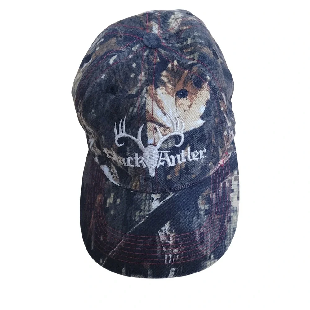 Black Antler Camo Hunting Hat Adjustable Strap Embroidered Antlers Cap - Picture 2 of 8